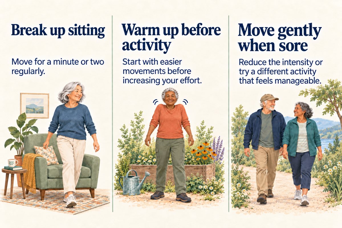 Three tips for everyday aches and pains: break up sitting with regular movement breaks, warm up with easier movements before activity, and move gently when sore by reducing intensity or choosing a manageable activity.
